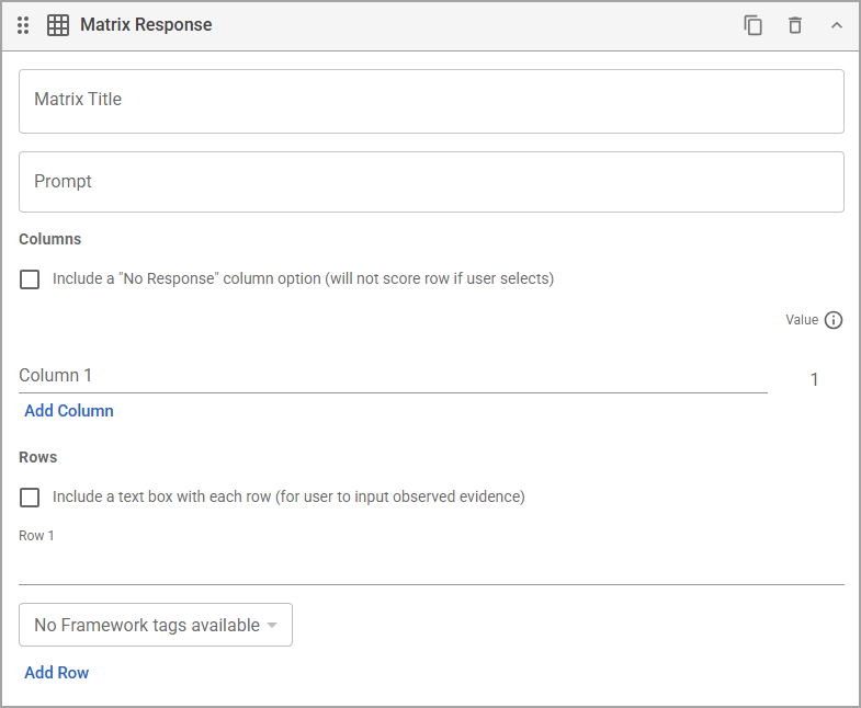 Matrix response form with title, prompt, columns, and rows for user input.